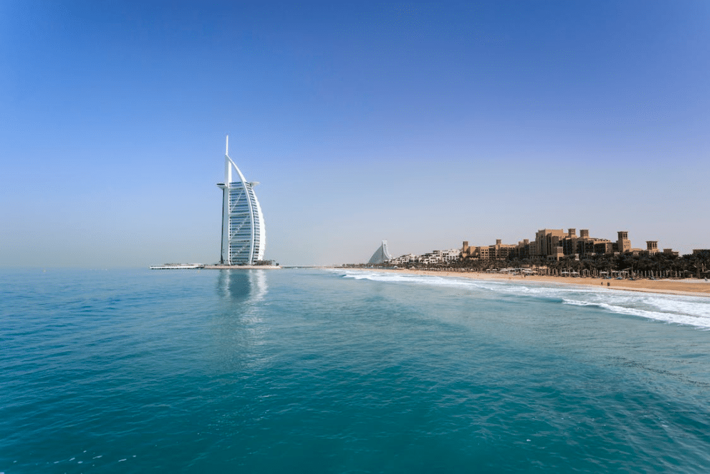 Burj Al Arab hotel on its island off the Jumeirah coast in Dubai