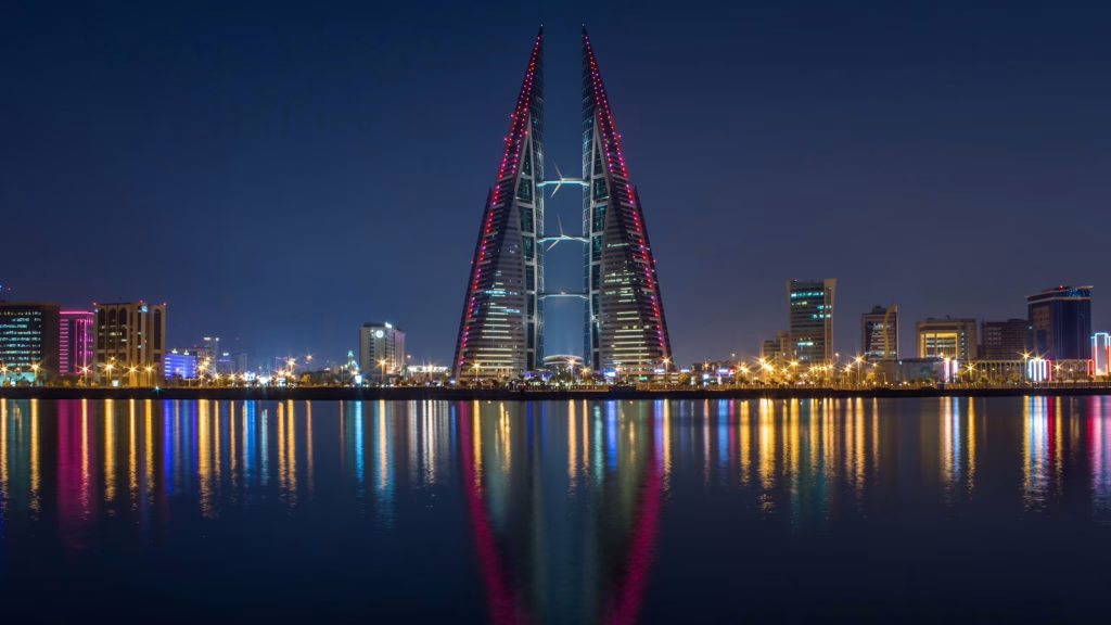 Bahrain World Trade Center and Manama waterfront at night