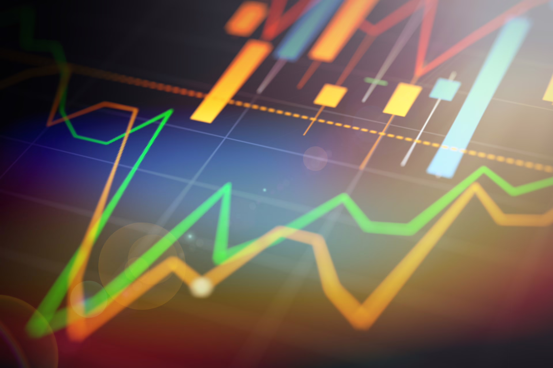 Colorful stock market candlestick and line charts on a trading screen