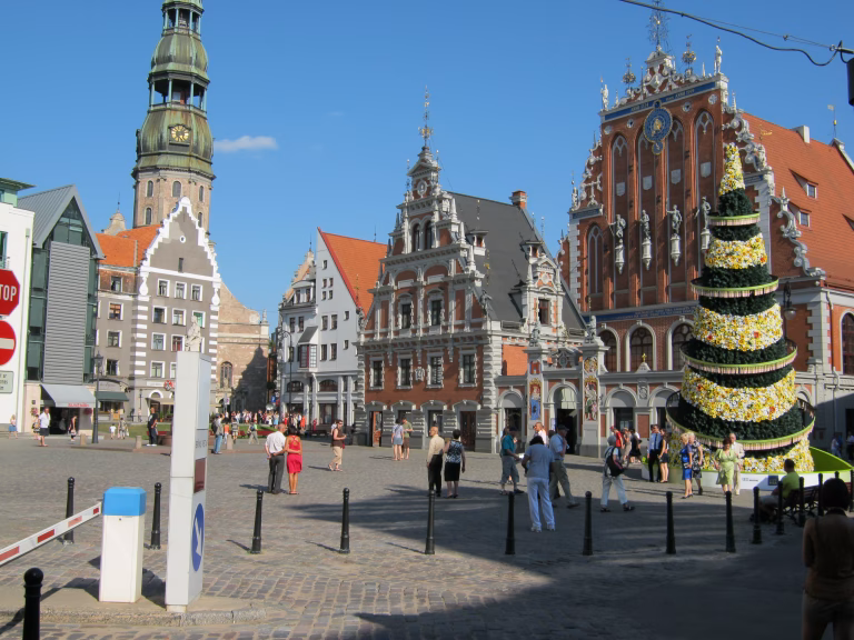 Riga Town Hall Square with the House of the Blackheads and St Peters Church