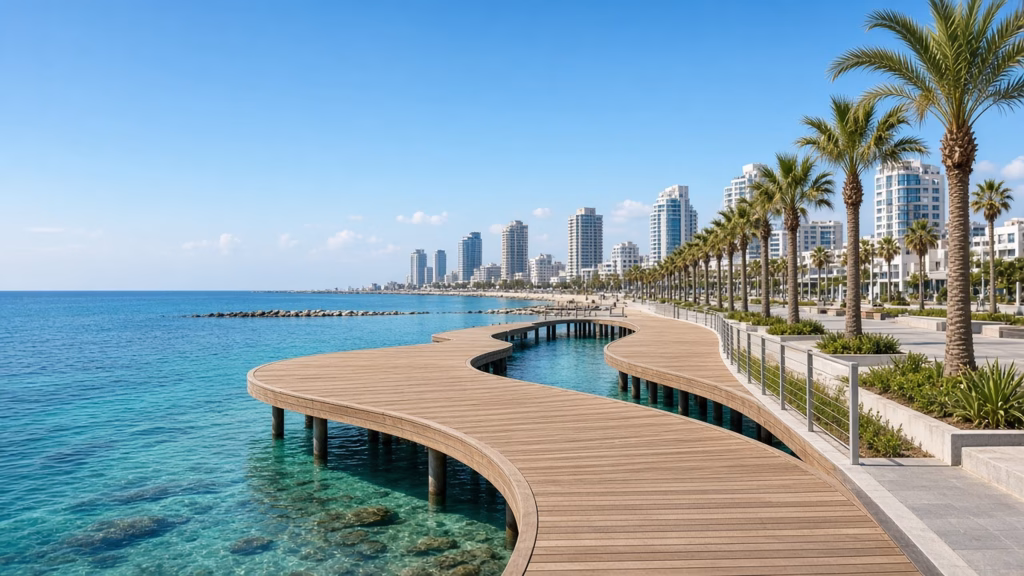 Limassol Molos wooden pier and palm promenade, Cyprus