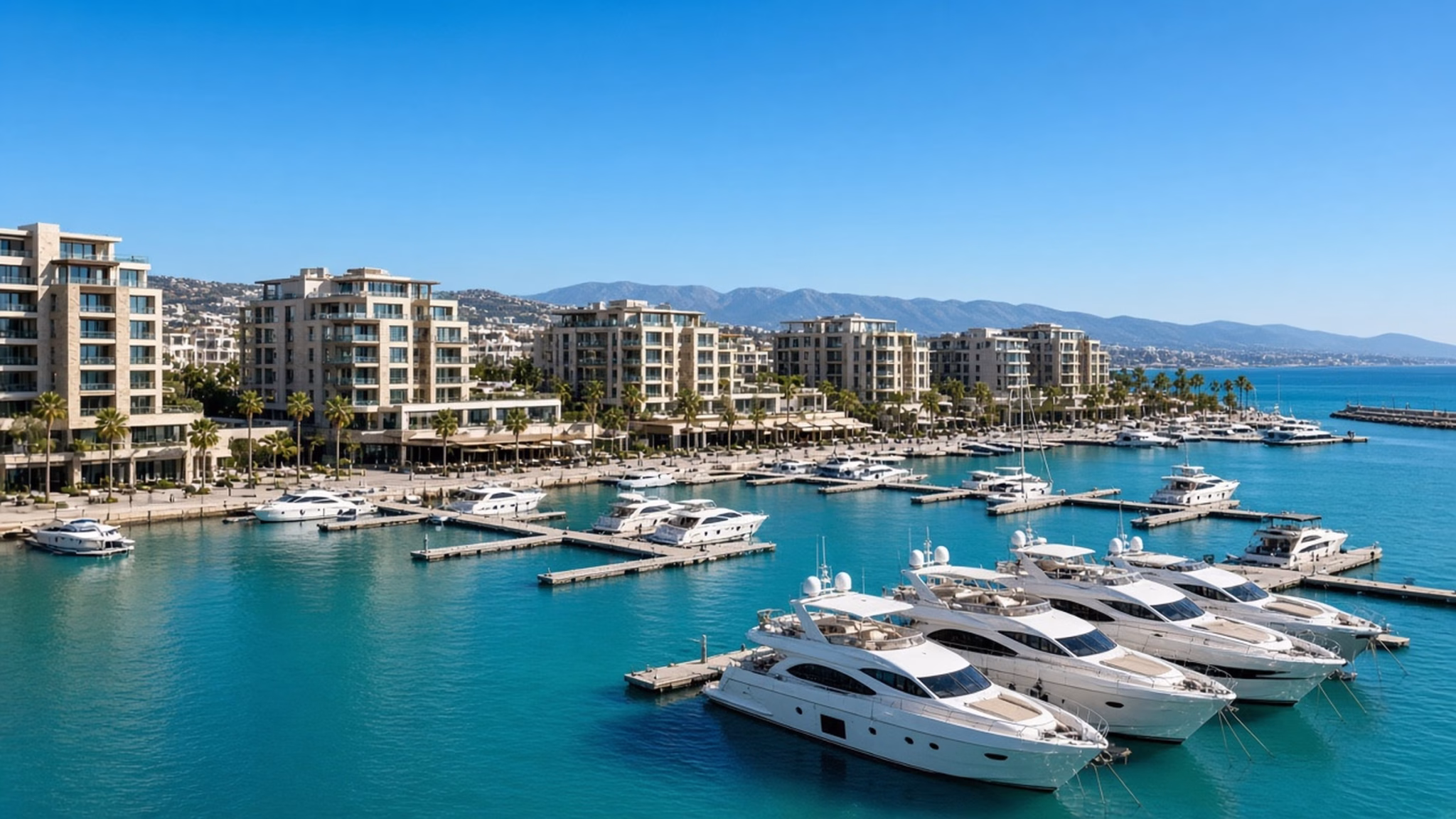 Limassol Marina with yachts and waterfront apartments, Cyprus, daytime